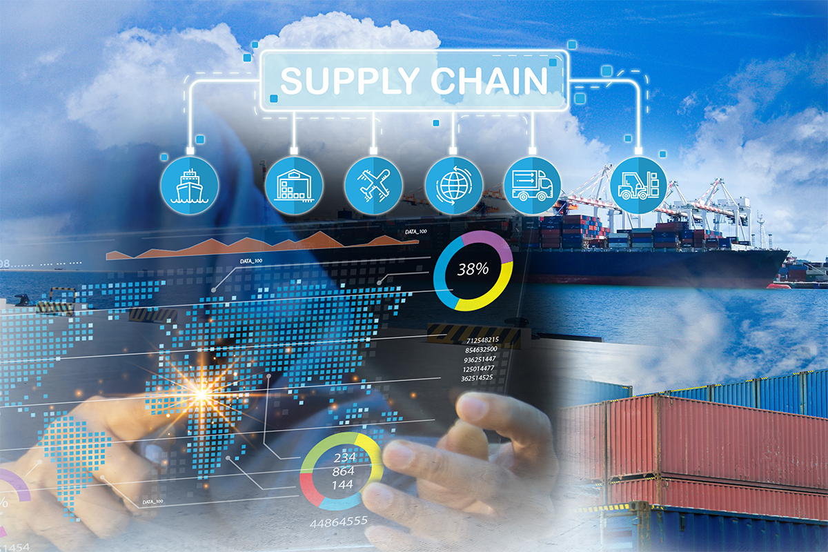 Supply chain logistics with shipping, warehousing, transport, and container freight